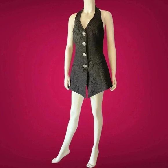 Vintage 80s Embossed Black Satin Halter Top / Mini Dress M - Picture 6 of 10